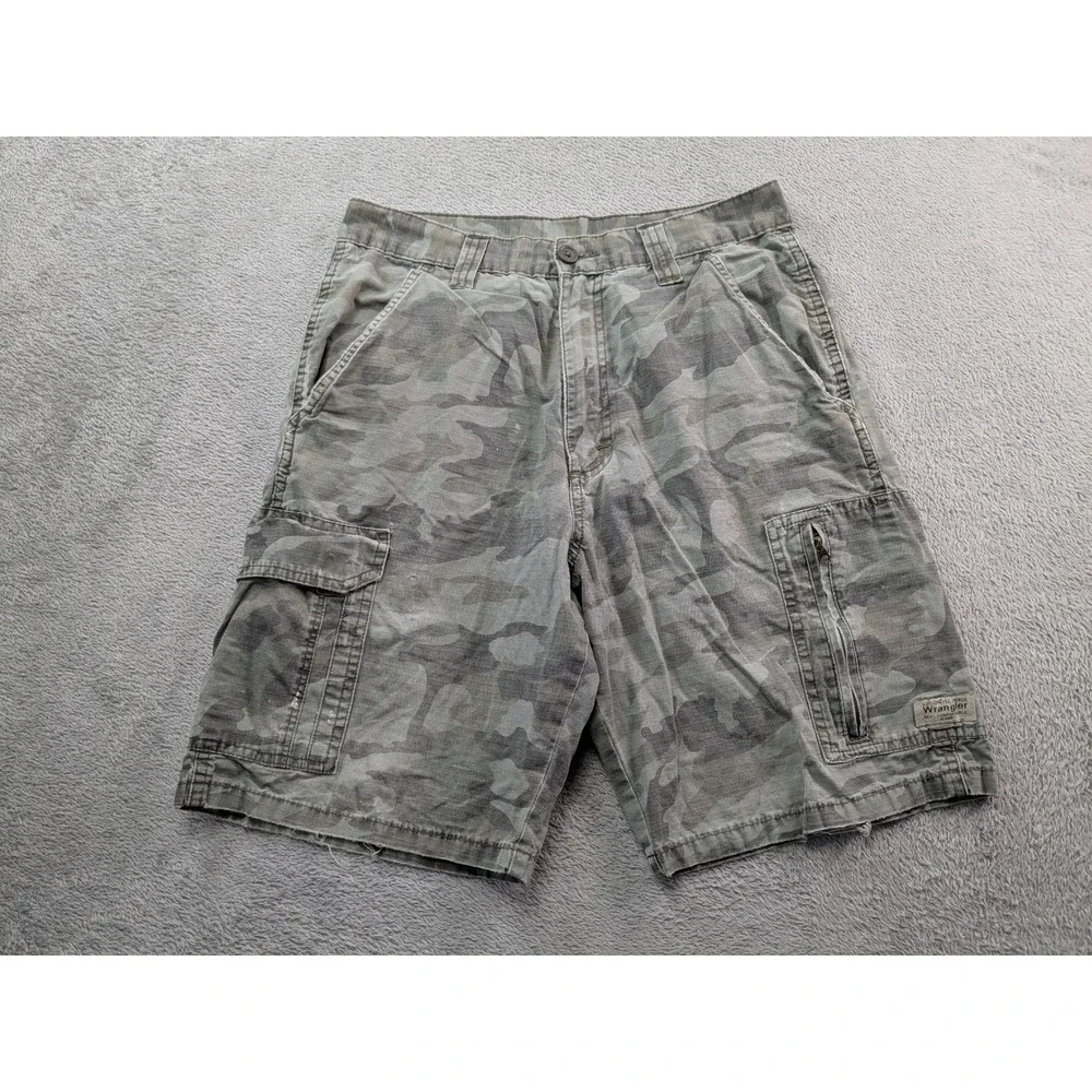 Wrangler Authentic Issue Mens Camo Cargo Shorts Green Grey Cotton Ripstop 36